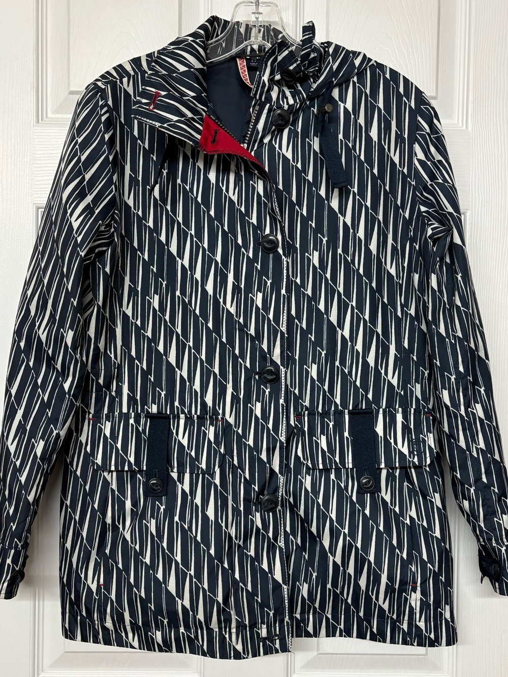 Lands’ End Hooded Rain Jacket Windbreaker Navy White Geometric Print Red Sz XS